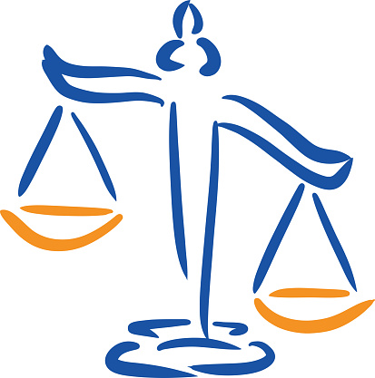 Scales of Justice, hand drawn. Vector graphic. Lawyer, judge, legislation. Symbol.