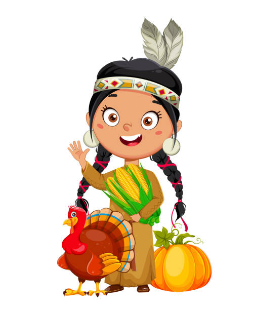 아메리칸 인디언 소녀. 귀여운 만화 캐릭터 - white backgrounds thanksgiving pumpkin stock illustrations