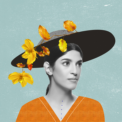 Woman-fall, autumn in black hat and falling yellow leaves. Contemporary creative art collage. Inspiration, idea, trendy magazine style, fashion and style. Copyspace for your text or ad. Four seasons.