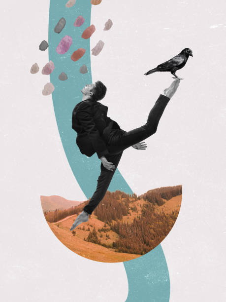 design moderne, collage d’art contemporain. inspiration, idée, style magazine urbain tendance. jeune homme dansant avec un oiseau sur fond pastel - image created 1990s photos et images de collection