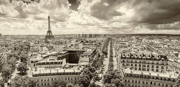 Paris city view with Eiffel Tower in background.