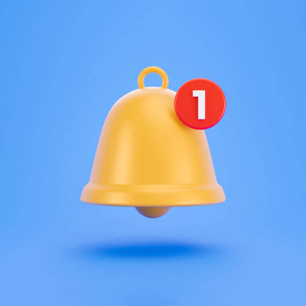 istock 3d Yellow notification bell with one new notification on pastel background. Social media notification. Trendy 3D rendering 1339074486