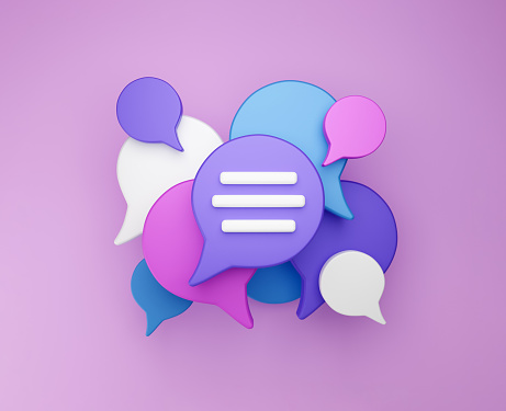 3d Minimal chat conversation concept. Group Speech bubble chat icon isolated on pink background. Message creative social media chatting concept Communication or comment chat symbol. 3D render