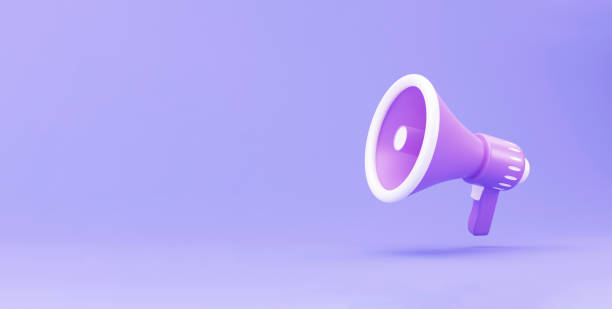 istock realistic 3d megaphone, loudspeaker minimal concept. Megaphone on purple background. 3d render illustration 1339074512