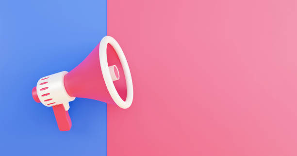 istock realistic 3d megaphone, loudspeaker minimal concept. Megaphone on blue and pink background. 3d render illustration 1339074514