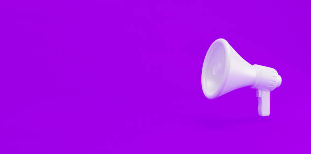 istock 3d realistic white plastic megaphone with shadow and copy space isolated on purple background. Marketing time Advertisement idea minimal concept.3d render illustration 1339074518