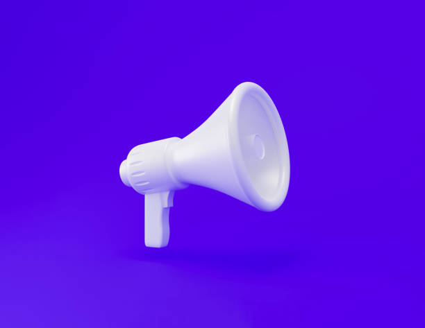 istock 3d realistic white plastic megaphone with shadow and copy space isolated on blue background. Marketing time Advertisement idea minimal concept.3d render illustration 1339074527