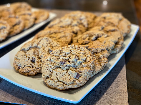 A close up of oatmeal chocolate chip cookies.