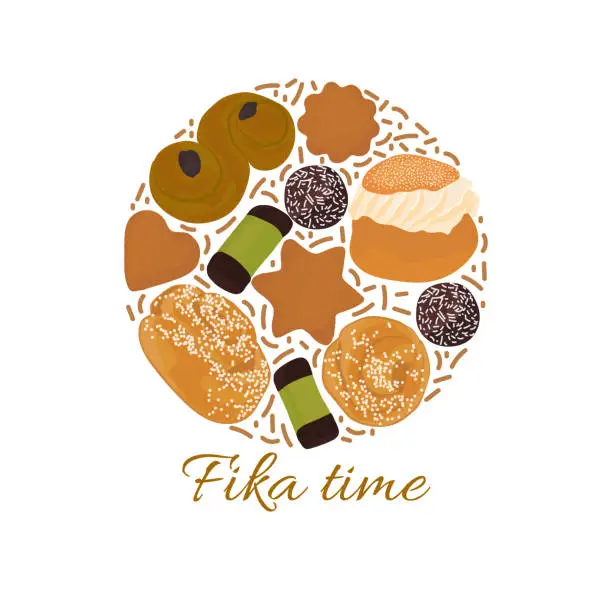 Vector illustration of Fika time concept. Vector illustration of traditional swedish sweets set arranged in circle with text message.