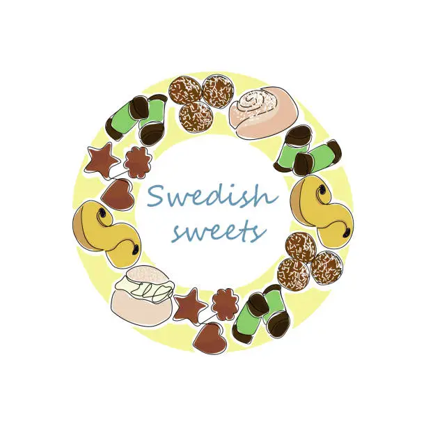 Vector illustration of Round frame of traditional swedish sweets wreath in line art style and colors. Vector illustration.