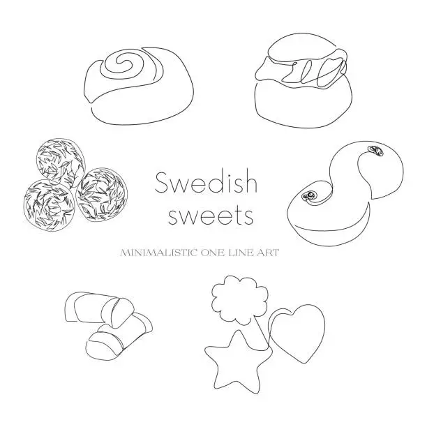 Vector illustration of Swedish sweets set icons. Continuous one line bakery. Single line drawing if swedish sweets.