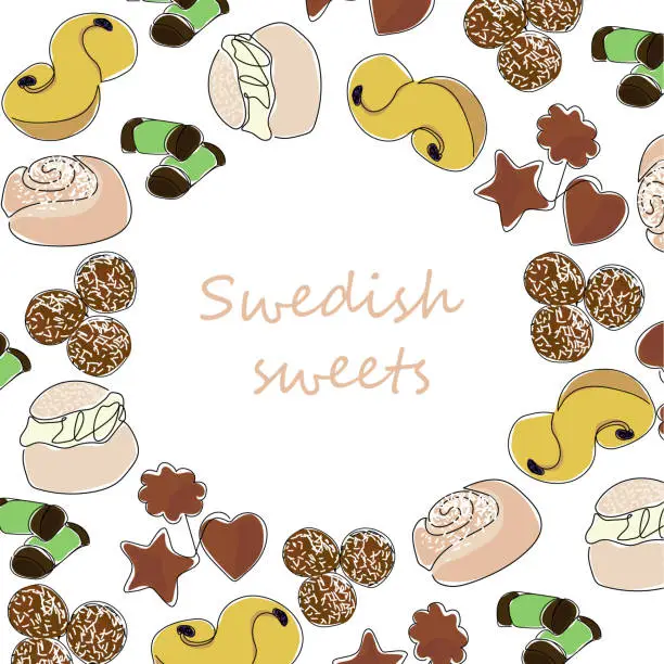 Vector illustration of Traditional swedish sweets background in line art and coloring, with round frame for text. Vector illustration.