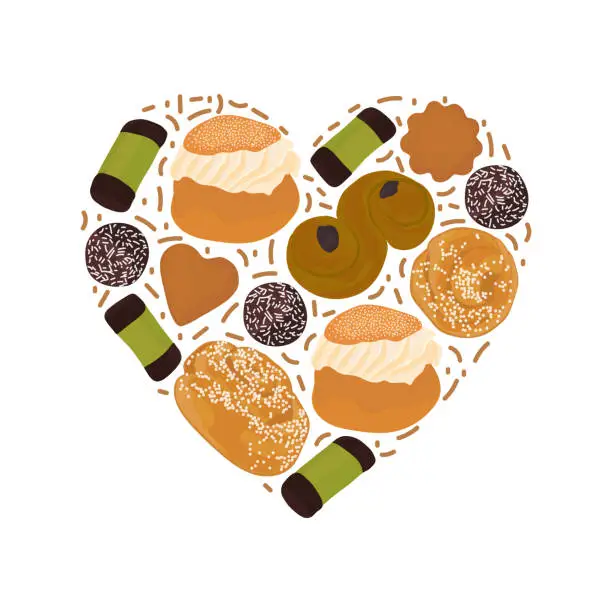 Vector illustration of Traditional swedish sweets in heart shape. Vector illustration in cartoon style. Fika time concept.