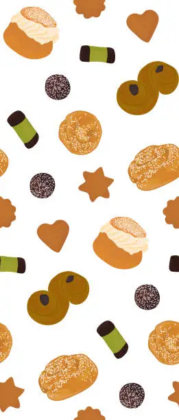 Vector illustration of Traditional swedish sweets set on white background, seamless pattern. Vector illustration in cartoon style.