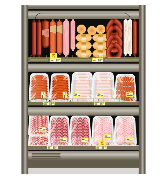 Vector illustration of Sausage and frankfurters on the store counter in the refrigerator. Selling meat products in a tray. Vector illustration