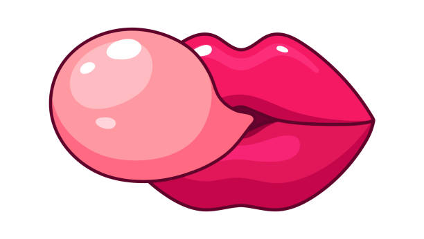 Female sexy lips. Pink girl mouth with gum bubble. Cartoon isolated fashionable sticker, vector glamour patch for textile decor or print Female sexy lips. Pink girl mouth with gum bubble. Cartoon isolated fashionable sticker, vector glamour patch for textile decor or print. Illustration of female lips, gum bubble and chewing candy in mouth stock illustrations