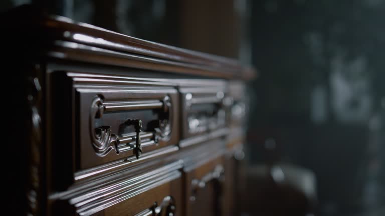 Closeup carved chest of drawers in dark interior. Antique wood dresser indoors.