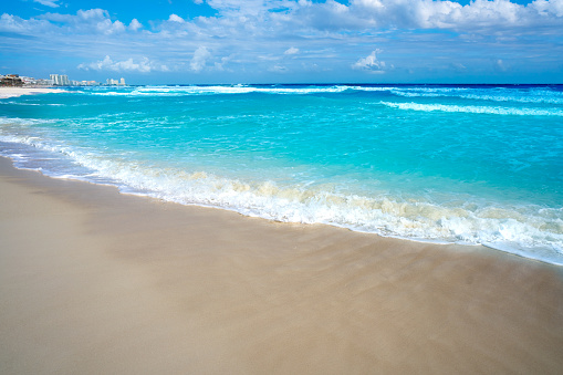 Cancun caribbean white sand beach in Mayan Riviera of Mexico