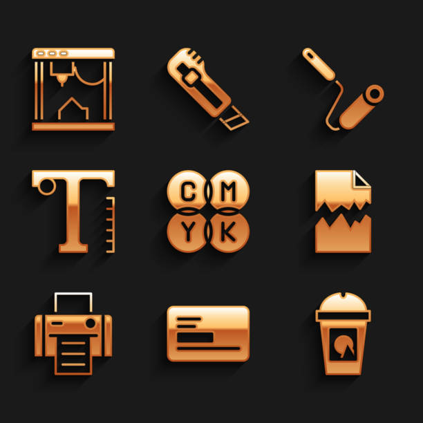 istock Set CMYK color mixing, Business card, Coffee cup to go, Torn document, Printer, Text, Paint roller brush and 3D printer icon. Vector 1339084732