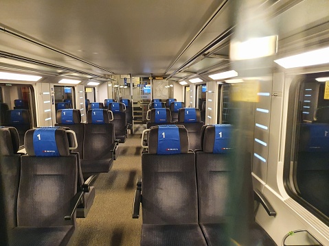 S-Bahn Zürich interior view of an SBB-CFF-FFS Re 450 wagon 1th class. from the Re 450 where factured 115 Trains, between 1989 and1997. The image was captured during the lockdown in connection with the worldwide Coronavirus epidemic.
