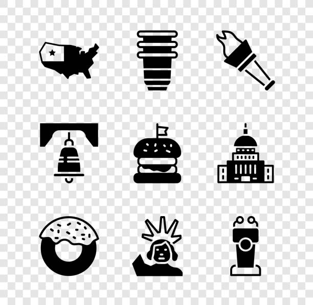 ilustraciones, imágenes clip art, dibujos animados e iconos de stock de set usa map, paper glass, torch flame, donut, statue of liberty, stage stand tribune, bell in philadelphia e icono de burger. vector - statue liberty audio