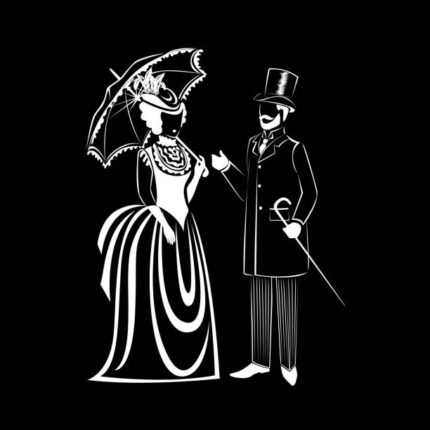 ilustrações, clipart, desenhos animados e ícones de casal bonito em roupas retrô - retro revival couple men elegance