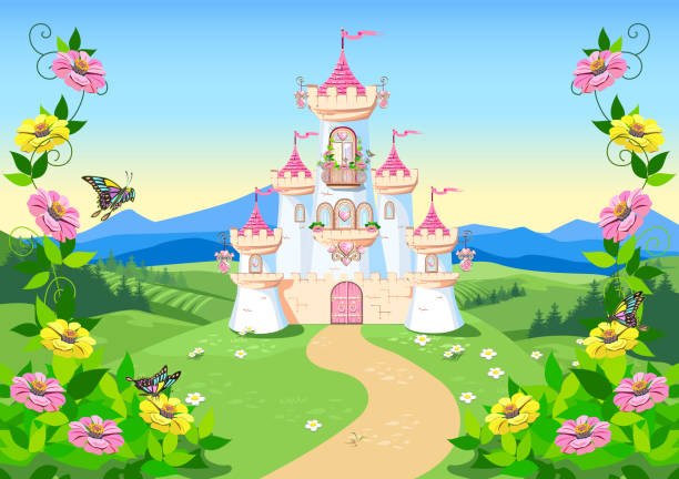 illustrazioni stock, clip art, cartoni animati e icone di tendenza di sfondo fiabesco con castello principessa - castle fairy tale illustration and painting fantasy