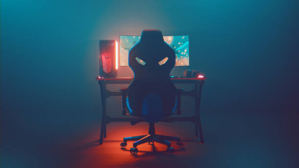 Rear view of a gaming setup with desktop pc and a big monitor Large desktop computer stands on a desk with a computer monitor. The monitor shows a video game with soldiers attacking. There is a keyboard, mouse and headphones on the desk as well. Digitally generated image. gamer stock pictures, royalty-free photos & images