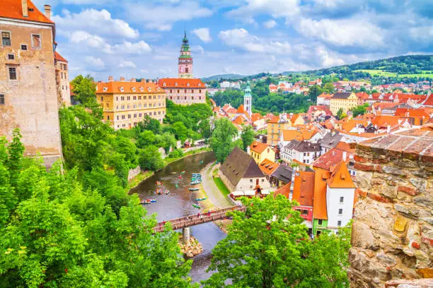 Summer cityscape - top view of the Old Town of Cesky Krumlov and the Vltava river flowing through it, Czech Republic