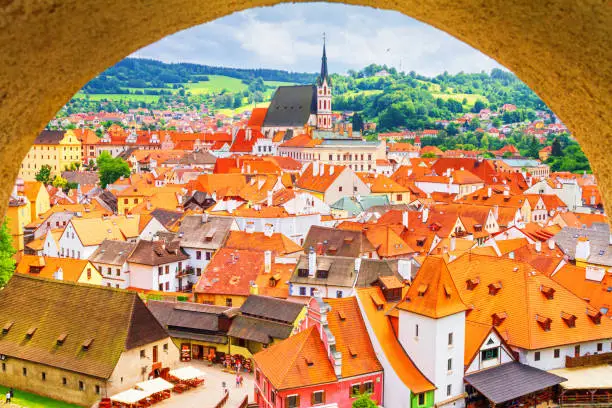 Photo of Summer cityscape - view from the Cesky Krumlov Castle to the Old Town of Cesky Krumlov, Czech Republic