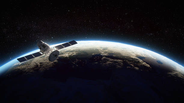 satellite orbiting the earth - tekstveld stockfoto's en -beelden