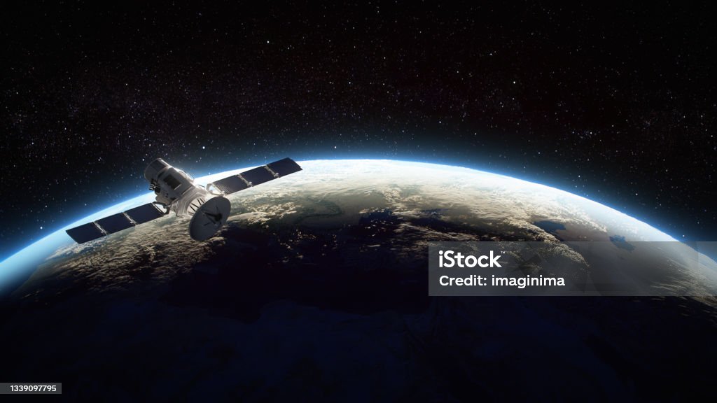 Satellite Orbiting The Earth Photorealistic 3d illustration of a satellite orbiting the Earth.
World map texture credits to NASA: https://visibleearth.nasa.gov/images/74218 Satellite Stock Photo
