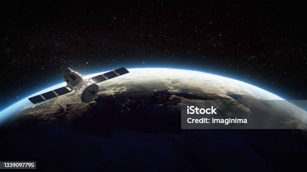 Satellite Orbiting The Earth Stock Photo - Download Image Now - Satellite, Satellite Dish, Satellite View