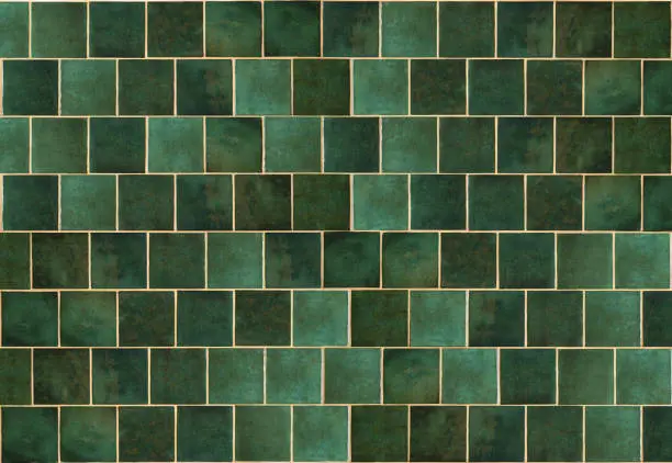 Photo of Green ceramic tile background. Old vintage ceramic tiles in green to decorate the kitchen or bathroom