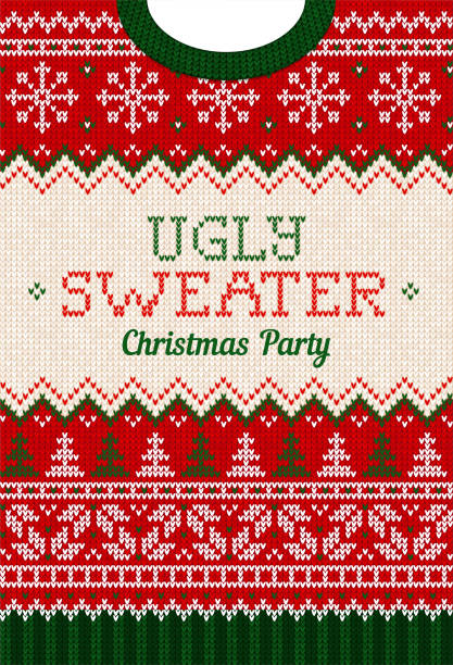 Ugly sweater Christmas party invite. Knitted background pattern scandinavian knitting ornaments. Ugly sweater Christmas Greeting Card X-mas 2022 Happy New Year. Vector illustration knitted background pattern scandinavian ornaments. White, red, green colors knitting. Flat style knit christmas sweater stock illustrations