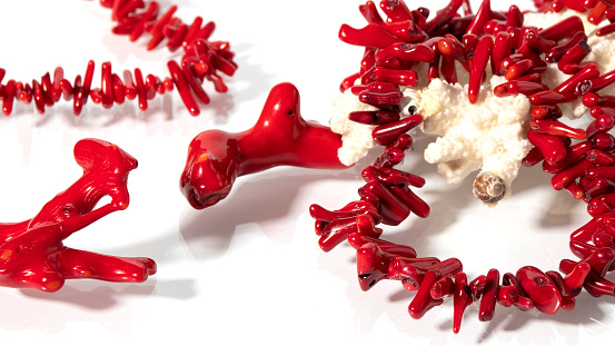 Different bright red corals on a white background. Isolated jewelry.