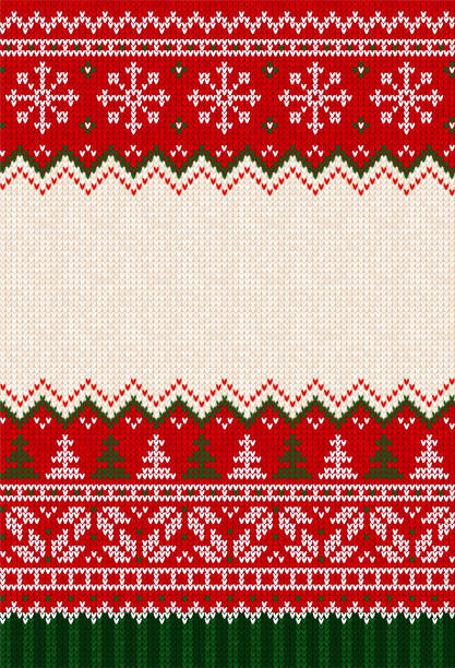 Ugly sweater Christmas party invite. Knitted background pattern scandinavian knitting ornaments. vector art illustration