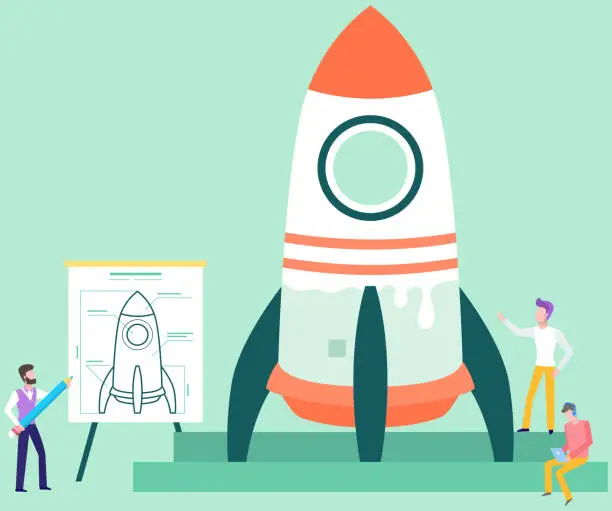 Vector illustration of Entrepreneurs create new model of rocket. People launching project, planning of business strategy