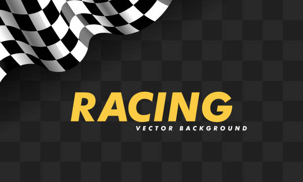 Waving checkered flag along the edges on a black and blue background. Modern illustration. Waving checkered flag along the edges on a black and blue background. Modern illustration. Racing flag. Banner for a sports club or racing competition. auto racing stock illustrations