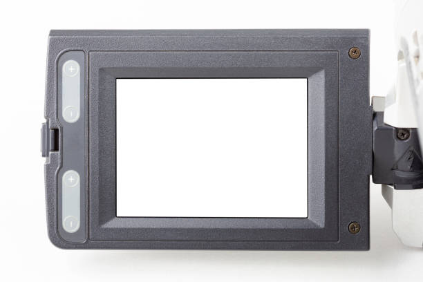 istock Video camcorder film camera movie recorder blank, empty white flip out screen, digital display cut out, object detail closeup, place for own picture, photo. Retro video recording concept, nobody 1339106946