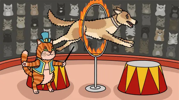 Vector illustration of The cat trainer makes a big dog jump through a burning ring.