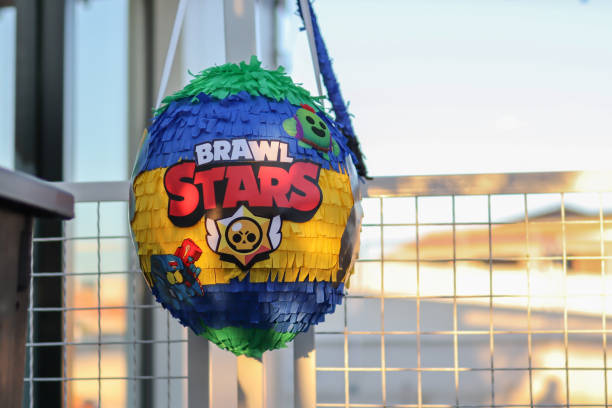 Brawl Stars handmade pinata hangs on the balcony Nis, Serbia - September 07, 2021 Brawl Stars handmade pinata hangs on the balcony and a blurry background. Kids toy concept park designer label stock pictures, royalty-free photos & images