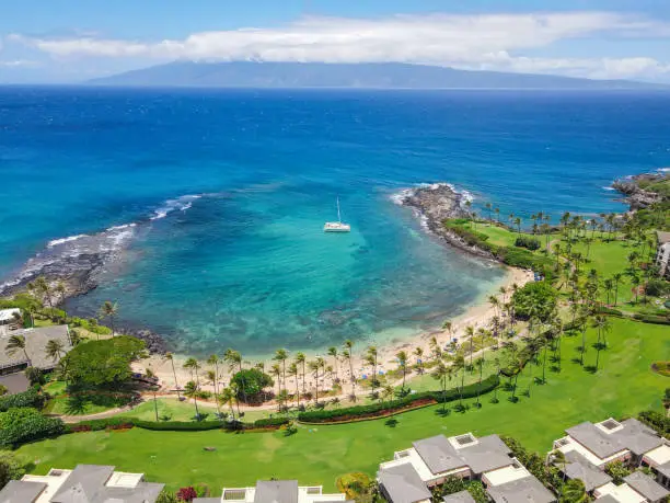 Aerial view of Kapalua coast in Maui, Hawaii. famous tropical destination.