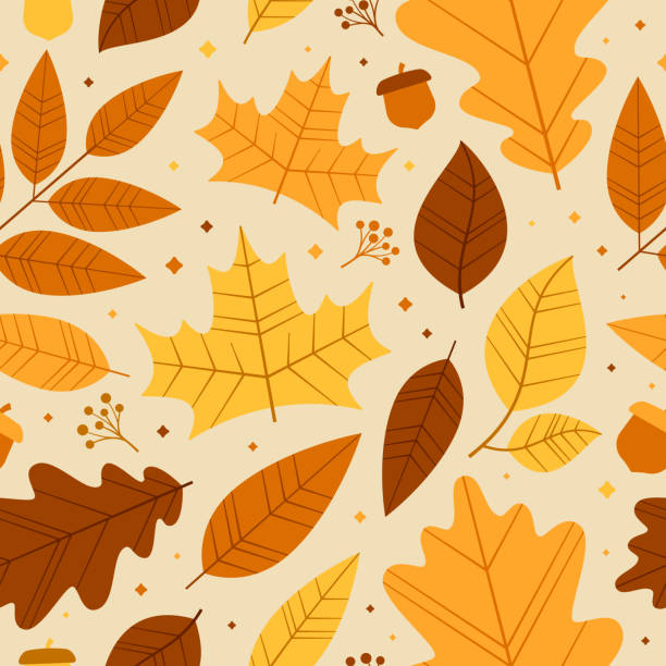 Seamless Autumn Fall Leaves Background Pattern Fall text cutout leaves. autumn patterns stock illustrations