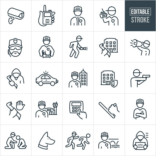 Security Guard Thin Line Icons - Editable Stroke A set of security guard icons that include editable strokes or outlines using the EPS vector file. The icons include a security camera, hand holding a two-way radio, security guard with baseball cap and tie, security guard in uniform, security guard using a radio to communicate, security guard wearing earpiece, security guard with badge and hands on hips, security guard walking while shining flashlight, criminal with crowbar, security guard with bullhorn, security guard vehicle, business building security guard, secure business building, security guard with handgun drawn, airport security guard, security alarm keypad, hand holding baton, security guard with arms folded, security guard offering assistance, security dog, security guard chasing criminal, security guard standing next to bridge and a criminal in a police lineup to name a few. security guard stock illustrations