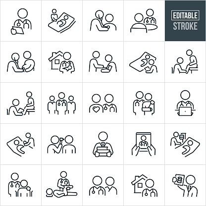 A set of medical doctors icons that include editable strokes or outlines using the EPS vector file. The icons include medical doctors working in different medical capacities. They include a doctor reading a patient chart, OBGYN at the bedside of a pregnant patient, medical doctor listening to the heartbeat of a patient using a stethoscope, doctor meeting with patient, physician checking the heartbeat of unborn baby, home health doctor with newborn baby, doctor checking the blood pressure of patient, doctor doing check-up of patient, team of physicians, doctor in labor and delivery, doctor checking the ear of a patient using and otoscope, doctor in residency, doctor on tablet PC to represent telemedicine, doctor doing a physical exam of patient and a doctor reviewing an x-ray to name a few.