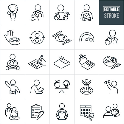 A set of nutritionist and dietician icons that include editable strokes or outlines using the EPS vector file. The icons include healthy food, broccoli, nutritionist with chart, patient with an apple in one hand and a carrot in the other, an overweight person, hand saying no to a doughnut, person establishing healthy eating habits, peach on a plate, healthy eating goal meter, dietitian with a stethoscope holding out an apple, dietitian with a serving tray and a carrot, checklist, weight scale, calculator with heart and apple, salad in a bowl, person meeting dieting goal with tape measure around waist, nutritionist with notepad and pencil, scale with apple on one side and broccoli on the other, person with arms in air after reaching health and wellness goal, patient exercising with dumbbell, person with fresh produce from grocery store, and a nutritionist doing a consultation with a patient to name a few.
