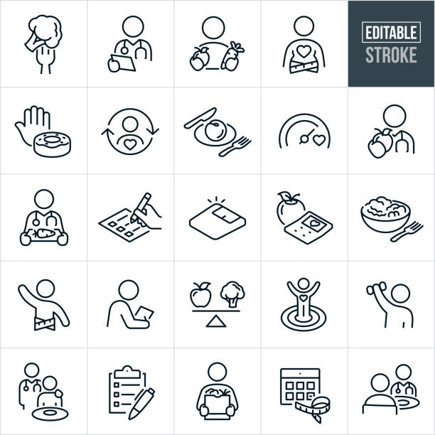 Dietitian Thin Line Icons - Editable Stroke A set of nutritionist and dietician icons that include editable strokes or outlines using the EPS vector file. The icons include healthy food, broccoli, nutritionist with chart, patient with an apple in one hand and a carrot in the other, an overweight person, hand saying no to a doughnut, person establishing healthy eating habits, peach on a plate, healthy eating goal meter, dietitian with a stethoscope holding out an apple, dietitian with a serving tray and a carrot, checklist, weight scale, calculator with heart and apple, salad in a bowl, person meeting dieting goal with tape measure around waist, nutritionist with notepad and pencil, scale with apple on one side and broccoli on the other, person with arms in air after reaching health and wellness goal, patient exercising with dumbbell, person with fresh produce from grocery store, and a nutritionist doing a consultation with a patient to name a few. diets stock illustrations