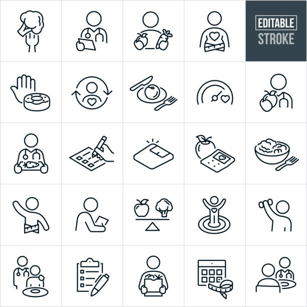 Dietitian Thin Line Icons - Editable Stroke A set of nutritionist and dietician icons that include editable strokes or outlines using the EPS vector file. The icons include healthy food, broccoli, nutritionist with chart, patient with an apple in one hand and a carrot in the other, an overweight person, hand saying no to a doughnut, person establishing healthy eating habits, peach on a plate, healthy eating goal meter, dietitian with a stethoscope holding out an apple, dietitian with a serving tray and a carrot, checklist, weight scale, calculator with heart and apple, salad in a bowl, person meeting dieting goal with tape measure around waist, nutritionist with notepad and pencil, scale with apple on one side and broccoli on the other, person with arms in air after reaching health and wellness goal, patient exercising with dumbbell, person with fresh produce from grocery store, and a nutritionist doing a consultation with a patient to name a few. nutritionist stock illustrations