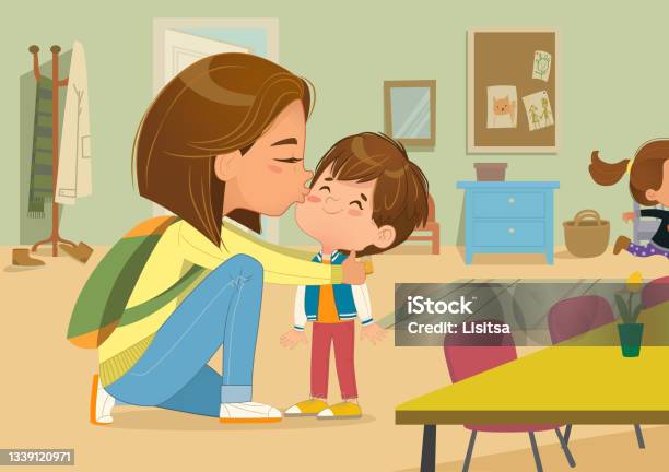 Caring Young Mother Giving Goodbye Kiss To Cute Little Son At Kindergarten  Vector Flat Illustration Stock Illustration - Download Image Now - iStock